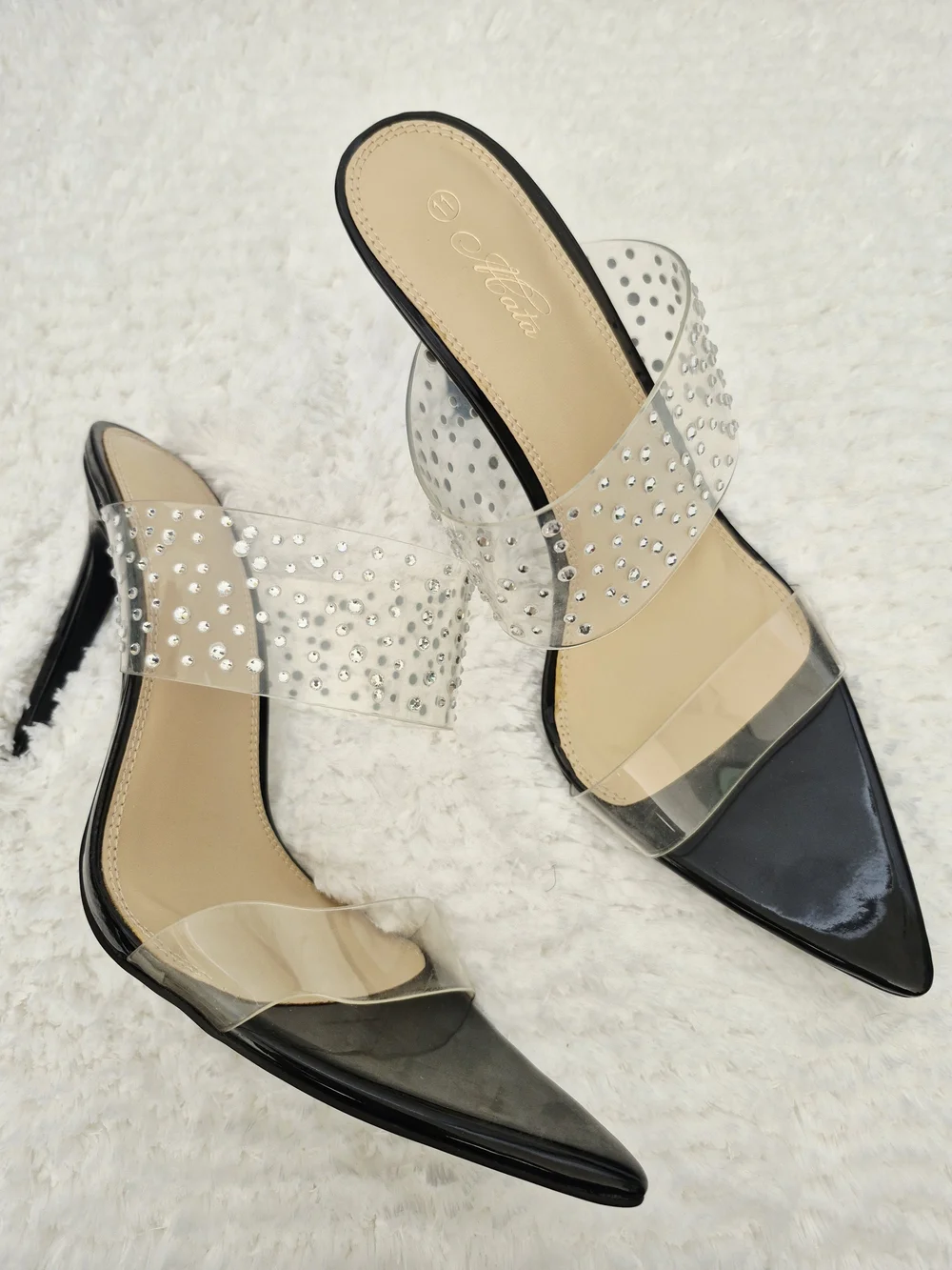 Clear Rhinestone Strap Black Pointed-Toe Heels